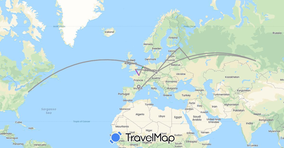 TravelMap itinerary: driving, bus, plane, train in Czech Republic, Spain, France, United Kingdom, Netherlands, Russia, United States (Europe, North America)